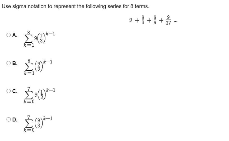 Use sigma notation to represent the following series for 8 terms.-example-1