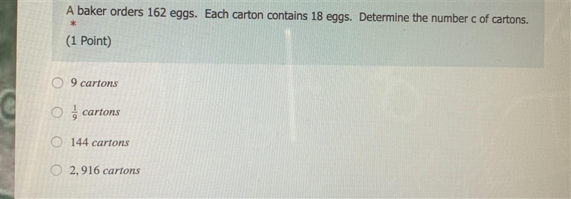 A baker orders 162 eggs. Each carton contains 18 eggs. Determine the number c of cartons-example-1