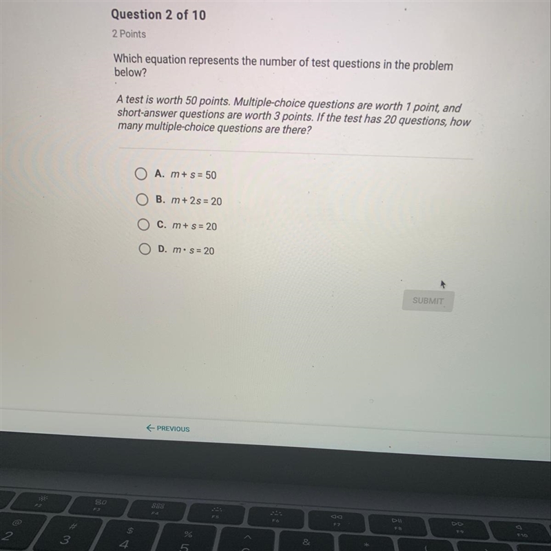 Which equation represents the number of test questions in the problem below? A test-example-1