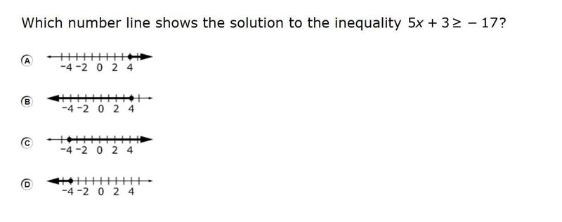 Which number line shows the solution to the inequality 5x + 3> - 17-example-1