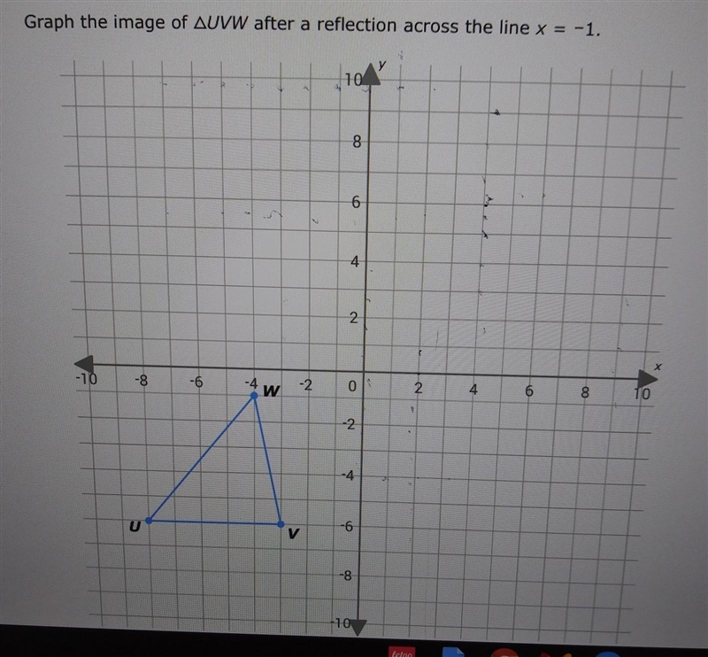 Graph the image of triangle UVW after a reflection across the line x = -1 ​-example-1