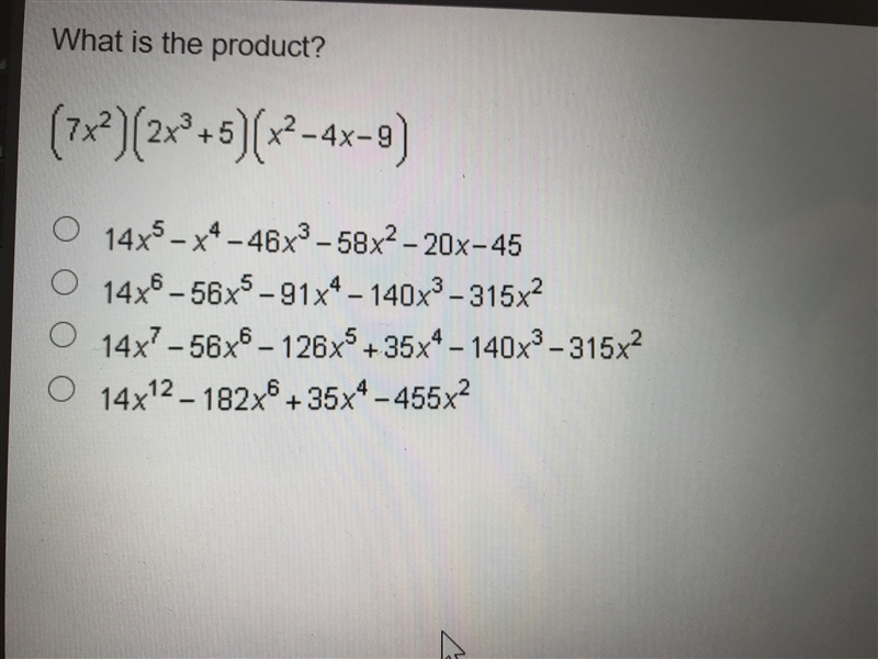 What is the product ? (7x^2 )(2x^3 +5)(x^2-4x-9)-example-1