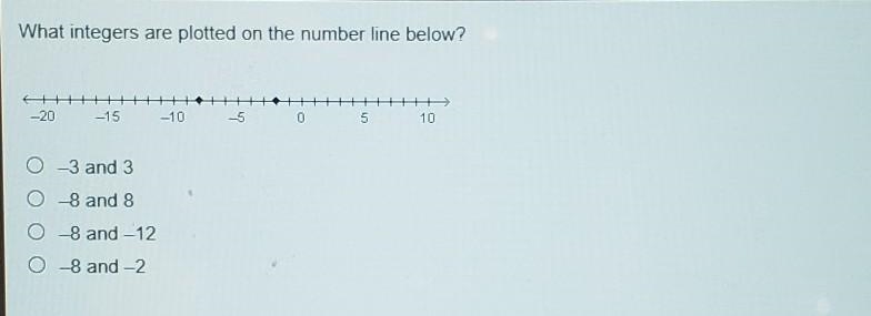 What integers are plotted on the number line below? 0-3 and 3 08 and 8 0 -8 and -12 8 and-example-1