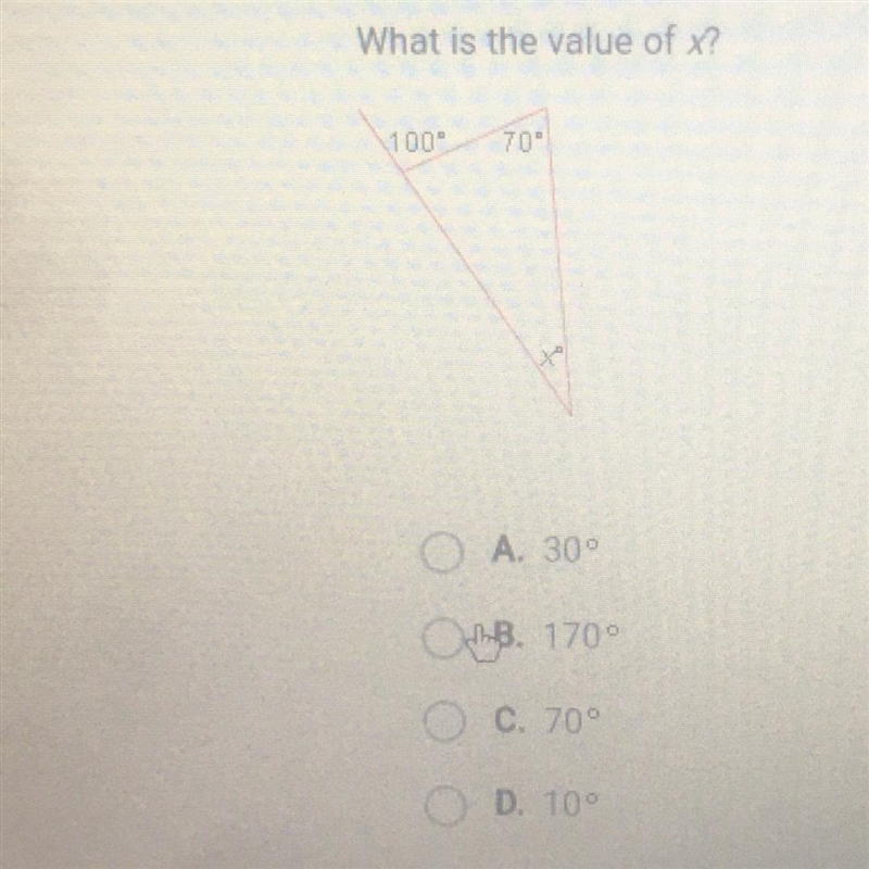 Question 6 of 10 What is the value of x? 100" 70 please help!!-example-1