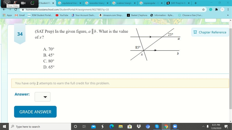 (SAT Prep) In the given figure, a║b. What is the value of x? A. 70° B. 45° C. 80° D-example-1