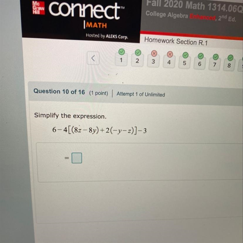 Simplify the expression. 6-4[(8z - 8y)+2(-y-z)]–3-example-1