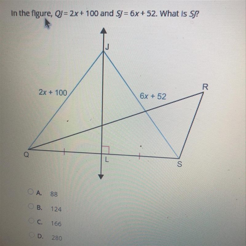 In the figure, qj= 2x+100 and sj=6x+52 what is sj ?-example-1