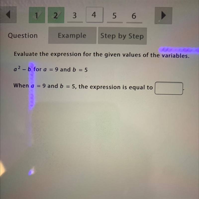 Evaluate the expression for the given values of the variables. a2-b for a = 9 and-example-1