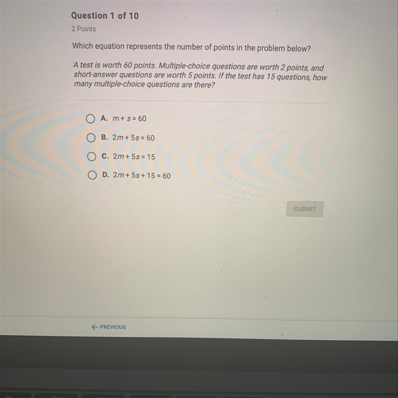 Which equation represents the number of points in the problem below? A test is worth-example-1