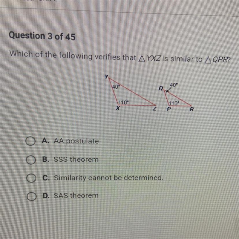 Which of the following verifies that triangle YXZ is similar to triangle QPR?-example-1