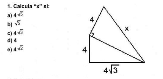 Halla x si: a) 4√5 b) √5 c) 4√3 d) 4 e) 4√2-example-1