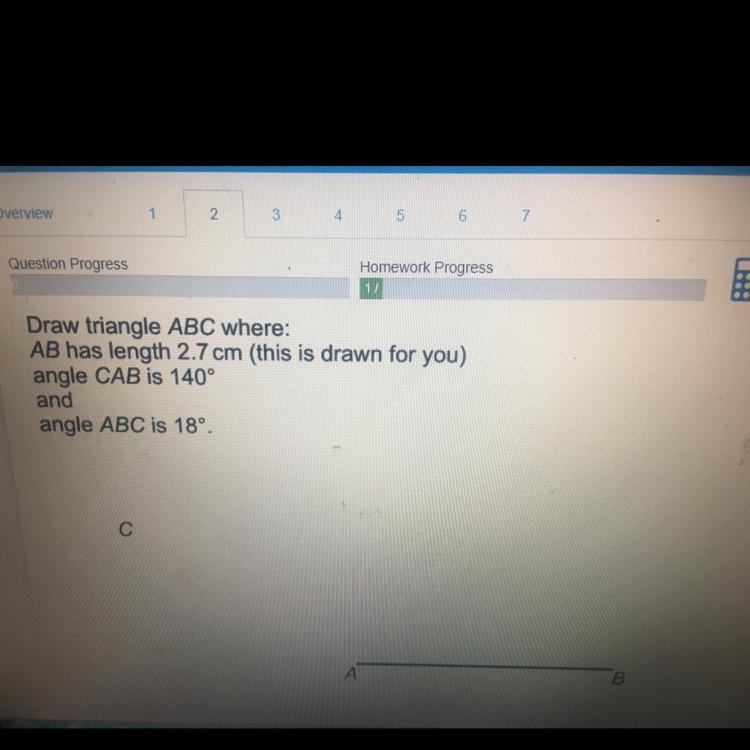 ... Draw triangle ABC where: AB has length 2.7 cm (this is drawn for you) angle CAB-example-1