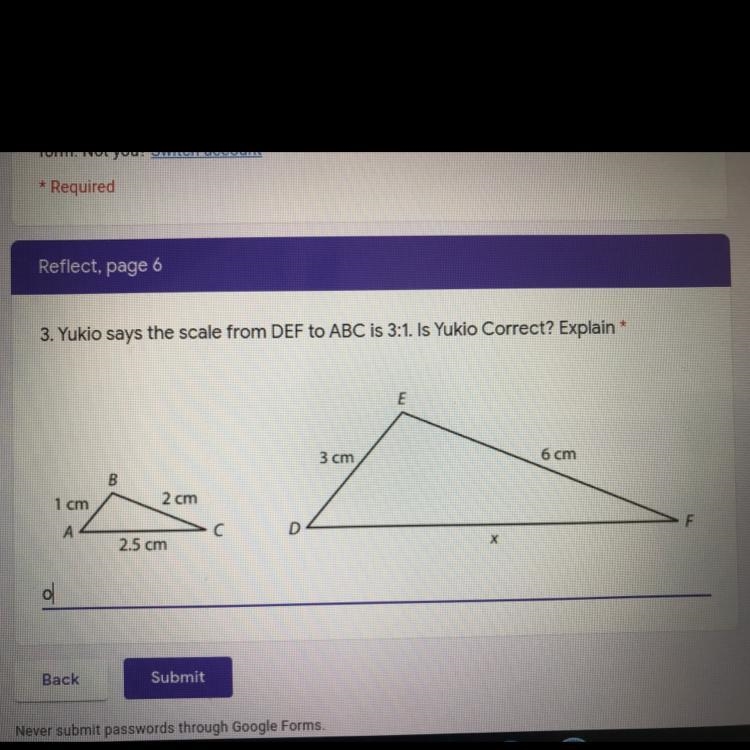 Yukio says the scale from DEF to ABC is 3:1. Is Yukio Correct? Explain-example-1