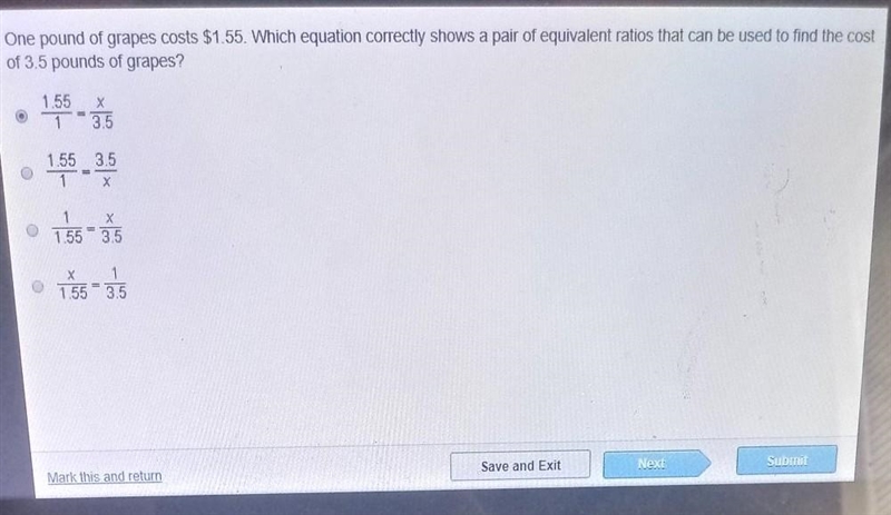 one pound of grapes cost $1.55 which equation correctly shows a pair of equivalent-example-1