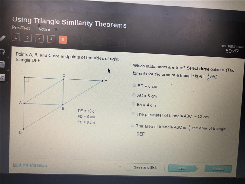 Points a, b, and c are midpoints of the sides of right triangle def. Which statements-example-1