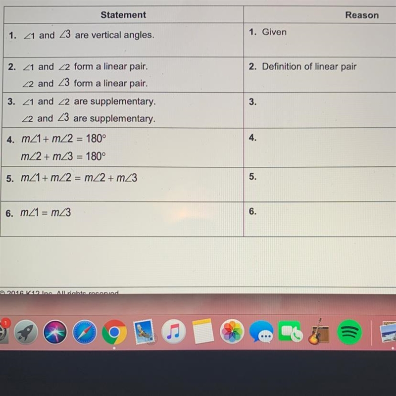 Provide reasons for the statements. Given: <1 and <3 are vertical angles. Prove-example-1