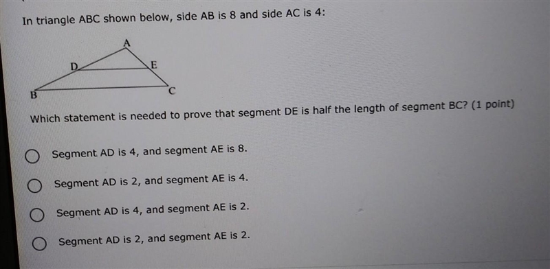 In a triangle ABC shown below, side AB is 8 and side AC is 4​-example-1