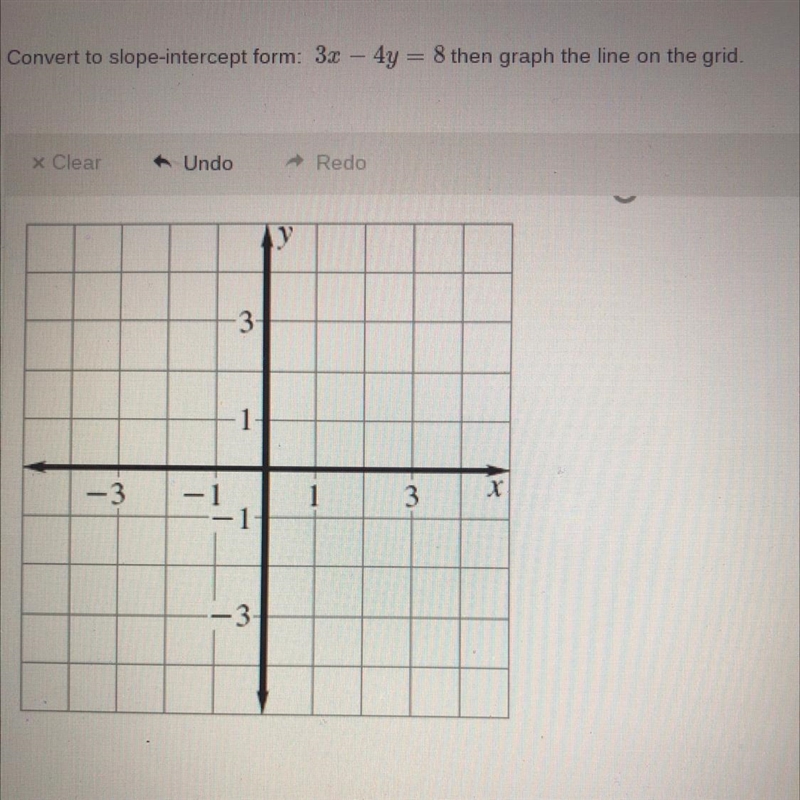 Convert to slope intercept form: 3x-4y=8 then graph the line on the grid-example-1