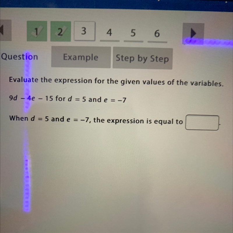 Evaluate the expression for the given values of the variables. 9d – 4e – 15 for d-example-1