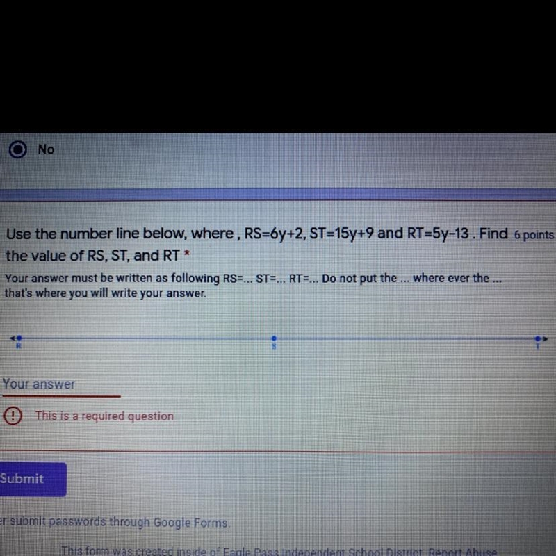Use the number line below, where , RS=6y+2, ST=15y+9 and RT=5y-13. Find the value-example-1