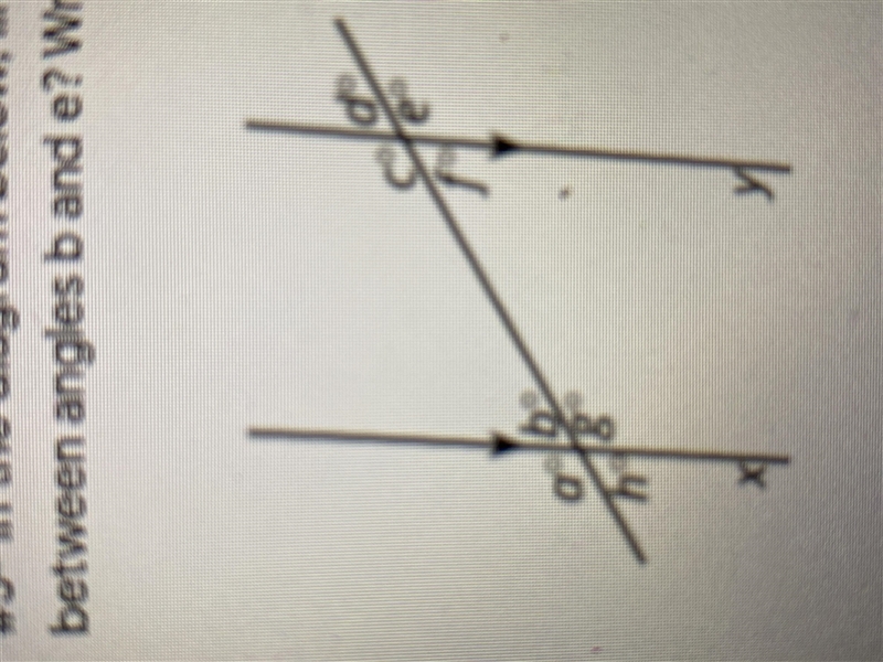 In the diagram below, lines x and y are parallel. What is the relationship between-example-1