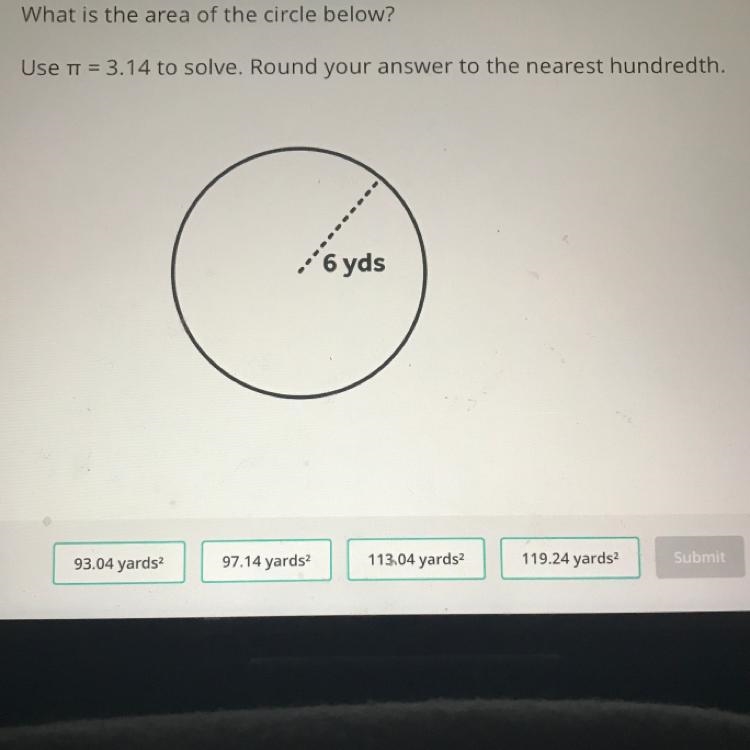 What is the area of the circle below? Use T = 3.14 to solve. Round your answer to-example-1