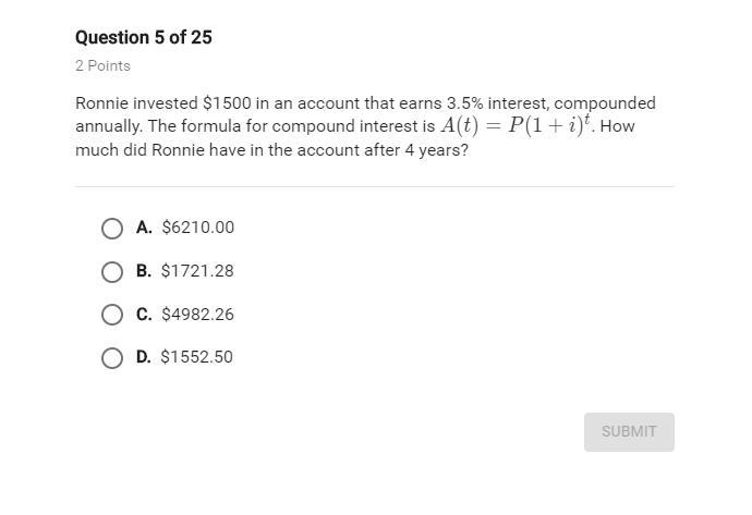 Ronnie invested $1500 in an account that earns 3.5% interest, compounded annually-example-1