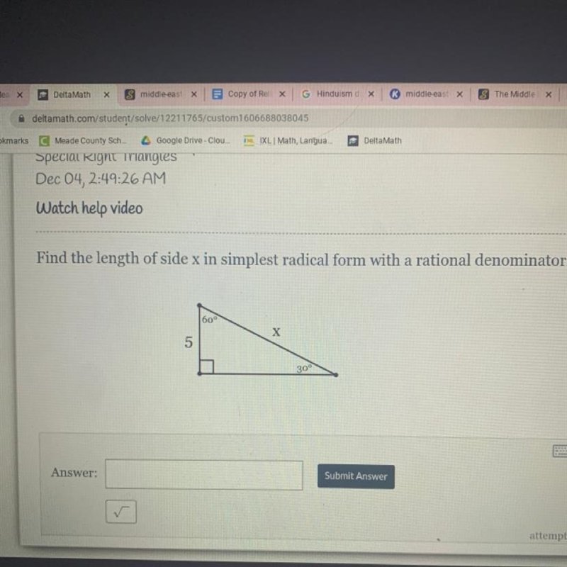 Find the length of side x in simplest radical form with a rational denominator. 60° X-example-1