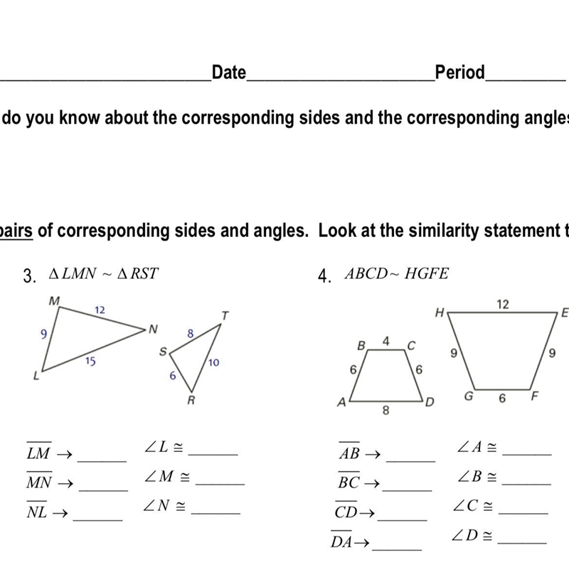 Given the similar figures name all the pairs of corresponding angles and sides-example-1