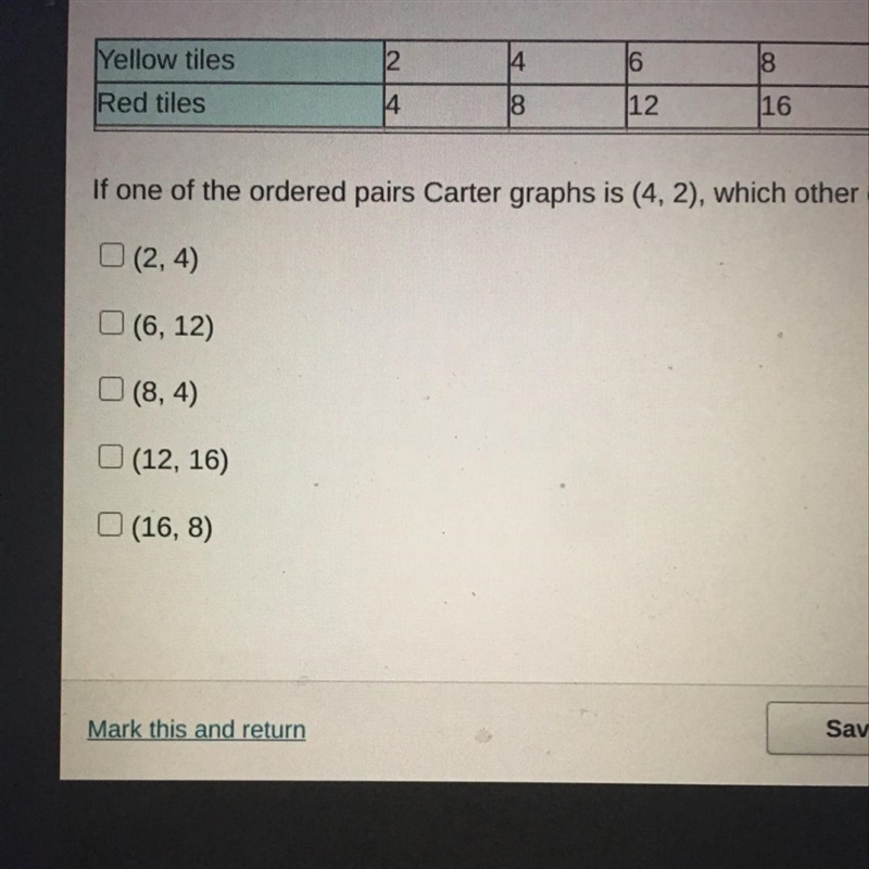 PLEASE HELP ASAP!)Carter graphs the equivalent ratios shown in the table. If one of-example-1