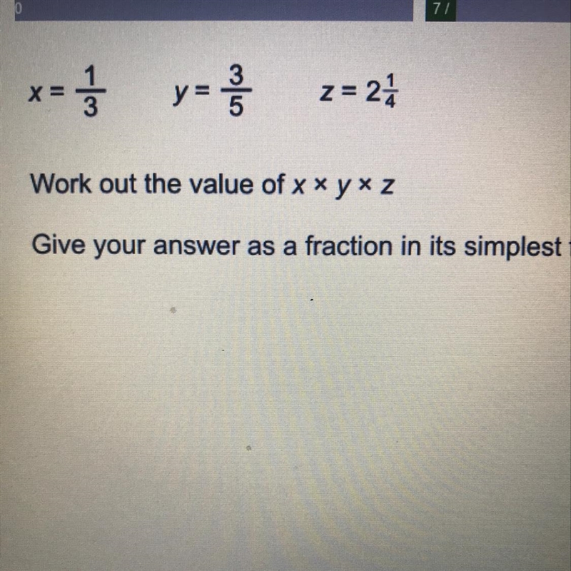 Y y = 3 5 z = 21 Work out the value of xx y z Give your answer as a fraction in its-example-1