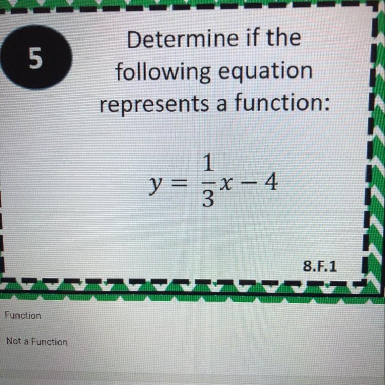 Determine if the following equation represents a function: y = 1/3x – 4-example-1