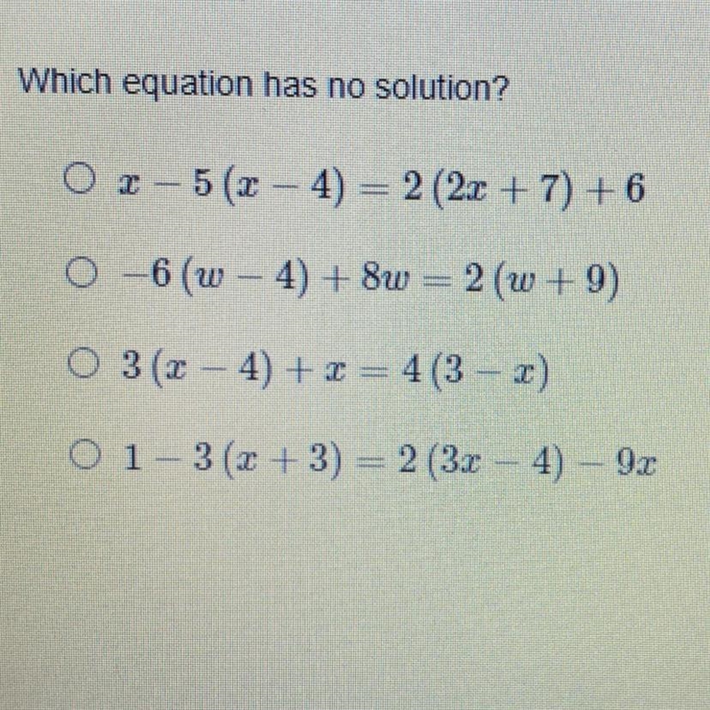 Which equation has no solution?-example-1