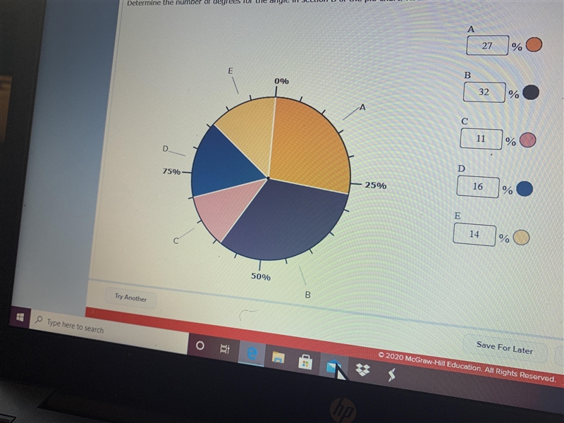 Determine the number of degrees for the angle in section B of the pie chart . Round-example-1