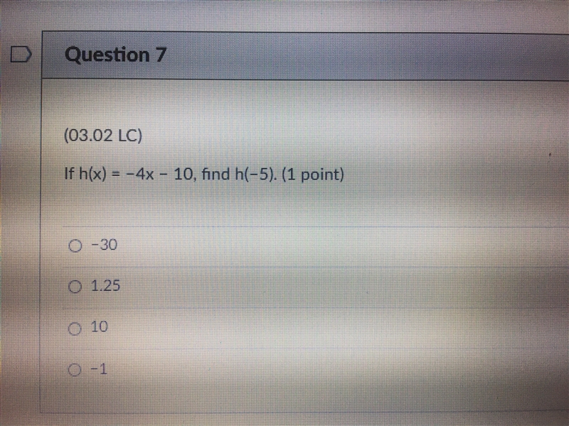 If h(x)= -4x-10, find h(-5).-example-1