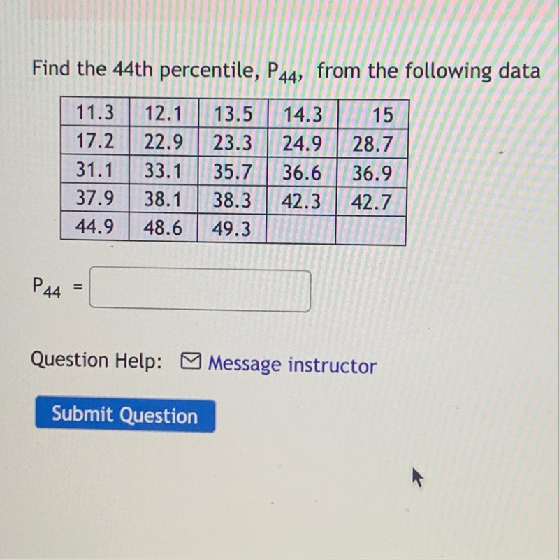 Find the 44th percentile, P44, from the following data! pls help-example-1