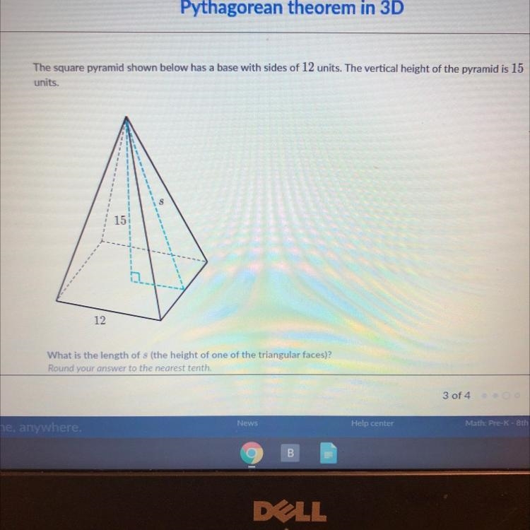 The square pyramid shown below has a base with sides of 12 units. The vertical height-example-1