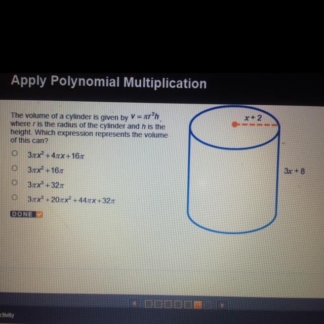 The volume of a cylinder is given by V = pi r^2h where r is the radius of the cylinder-example-1