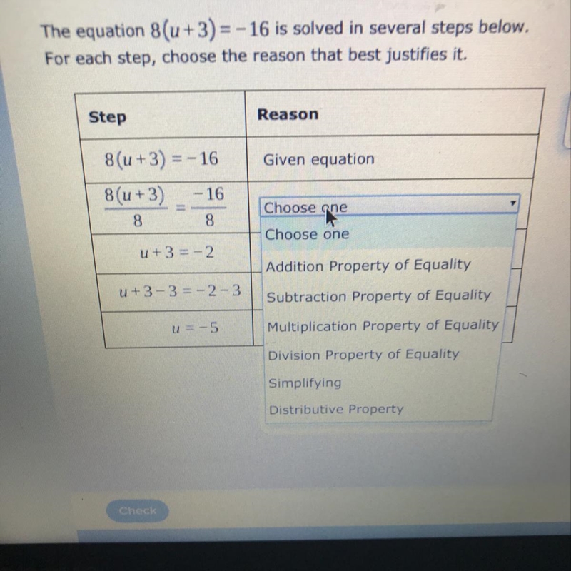 PLEASE HELP ! The equation 8(u+3)=-16 is solved in several steps below. For each step-example-1