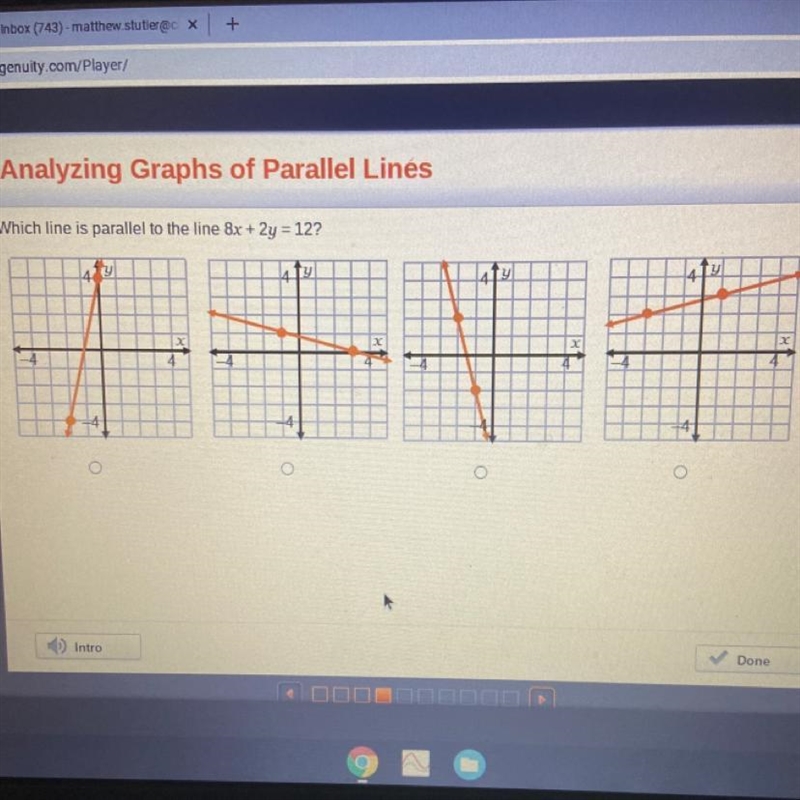 Which line is parallel to the line 8x + 2y = 12?-example-1