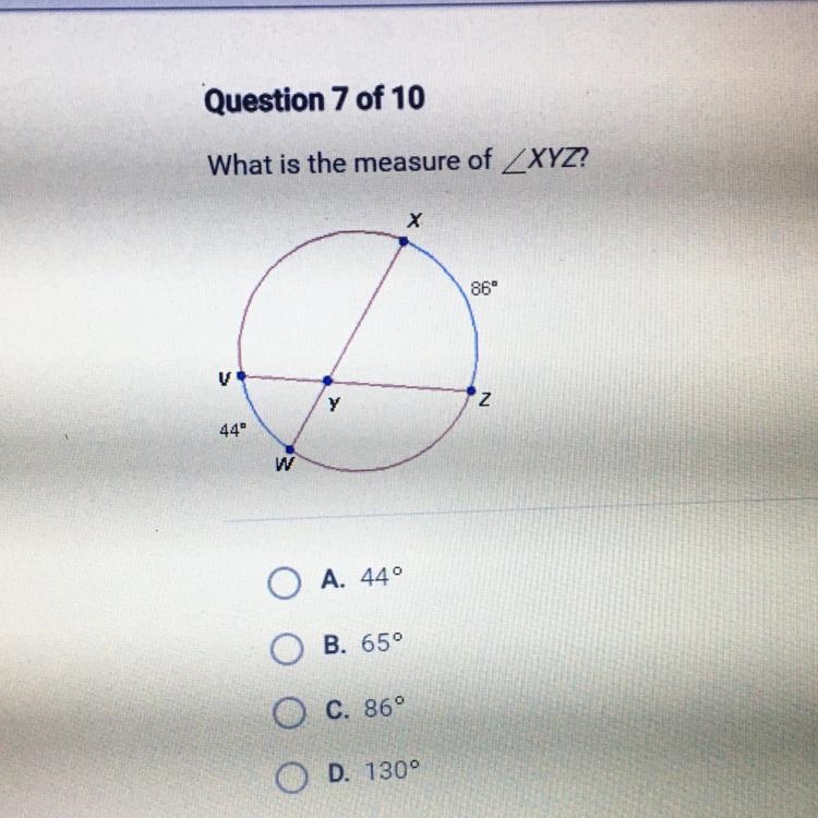 PLEASE HELP I NEED THIS ASAP!! What is the measure of XYZ? A.44 b.65 c.86 d.130-example-1