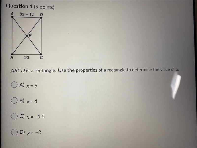 A) x=5 B) x= 4 C) x= -1.5 D) x= -2-example-1