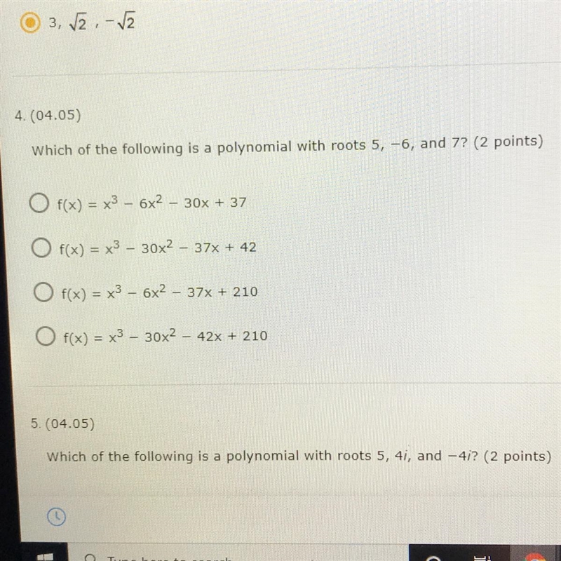 Which of the following is a polynomial with roots 5, -6, and 7? (2 points)-example-1