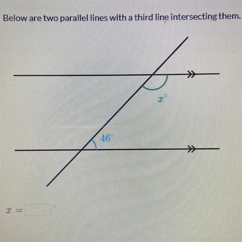 Below are two parallel lines with a third line intersecting them. What is x-example-1