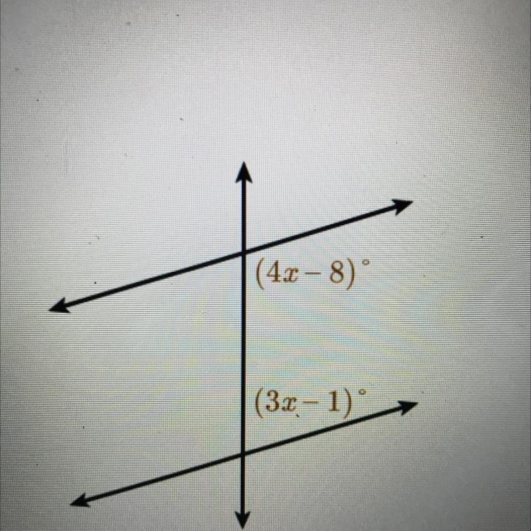 The two lines intersected by the transversal are parallel.what is the value of x? A-example-1