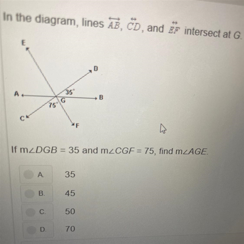 In the diagram, lines AB , CD, and EF intersect at G-example-1