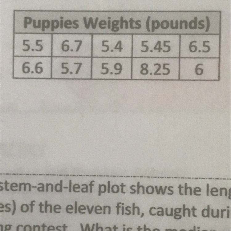 The table shows the weights of several puppies. Identify the outlier.-example-1