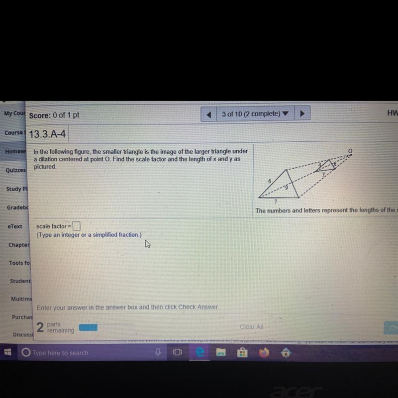 What is the scale factor & the length of x & y?-example-1