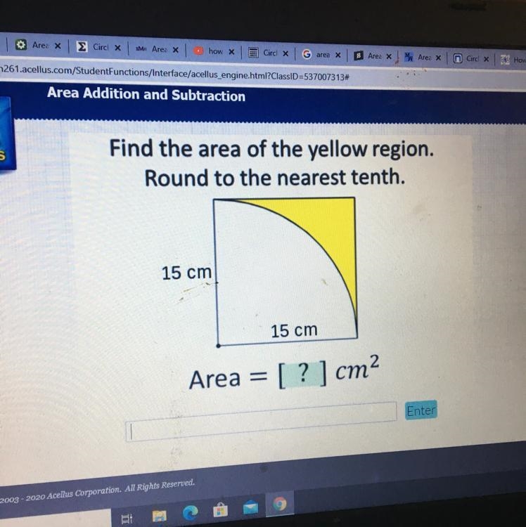 Find the area of the yellow region. Round to the nearest tenth. 15 cm 15 cm Area = [ ? ] cm-example-1