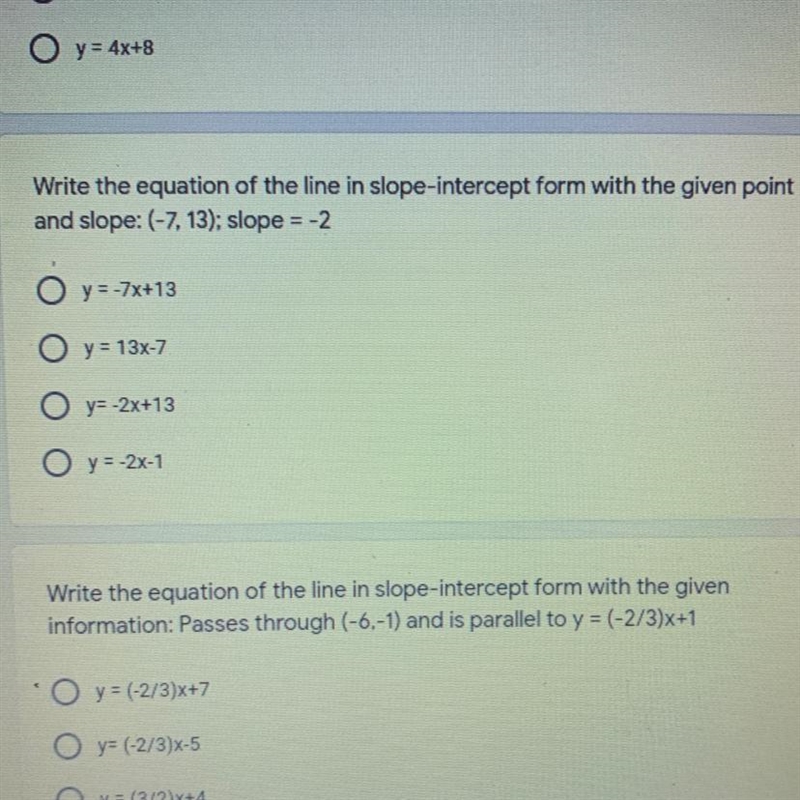 Please help, taking a test Write the equation of the line in slope-intercept form-example-1